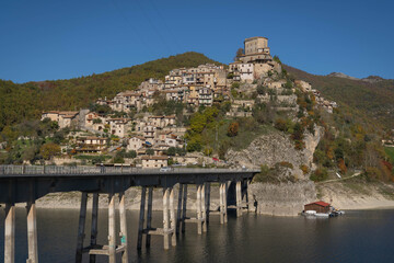 Picturesque landscape on Lake Turano with Castel di Tora