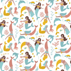 Pastel seamless pattern with fairy mermaids and cute underwater sea creatures - dolphin, octopus, coral. Endless repeatable fairytale texture. Colored flat vector illustration on white background