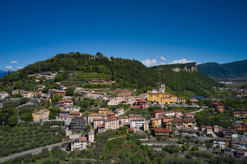 Fototapeta premium Cavaion Veronese Aerial View, Lake Garda, Italy. Italian classic town on the hill. church of saint john baptist on the hill aerial view.