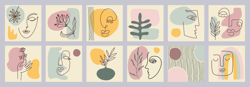 Set of creative hand painted one line abstract shapes. Minimalistic vector posters: woman portrait, flowers, branches, abstraction. For postcard, poster, placard, brochure, cover design, web.