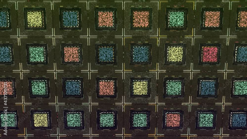 Poster abstract parallel rows of square shaped qr codes moving on dark green background. animation. concept