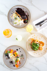 top view of a marble table with dishes