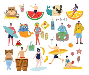 Set of people, men and women with different signs. Vector graphic objects for collages and illustrations.