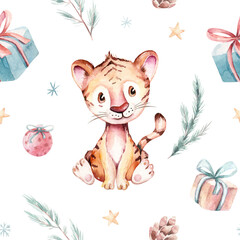 Watercolor babyTiger seamless pattern. Symbol of the New year 2022 digital paper. Watercolor Cute cartoon animal. Christmas party decoration. chinese