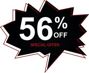 56% off special offer. Banner with fifty-six percent discount on a black and red balloon.