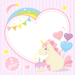 Heart shape frame with little unicorn, rainbow, cake, baloons