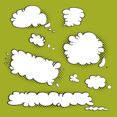 Comic speech bubble collection on green background.