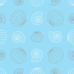 Linear contour drawing of seashells on a blue background. Seamless vector pattern of marine theme. Design for textiles, packaging, paper.