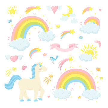 Cartoon cute set of wonderful fantasy elements with unicorn and rainbow