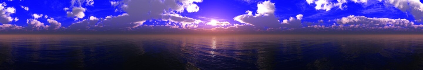 Fototapeta na wymiar Panorama of the sea, sea sunset, blue over the ocean, sea at sunrise, northern lights, 3D rendering