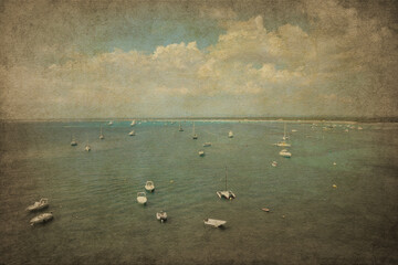 Art illustration.  Handmade textured backdrop. Vintage background. Old paper background. The clouds. Sepia. Blank. Aged wallpaper for card. Template for design. Textured..