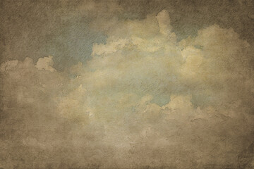 Art illustration.  Handmade textured backdrop. Vintage background. Old paper background. The clouds. Sepia. Blank. Aged wallpaper for card. Template for design. Textured.