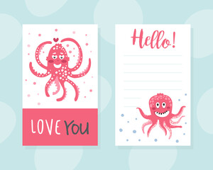 Love You Invitation Card Template with Cute Funny Pink Octopus, Invitation, Greeting Card Design Vector Illustration