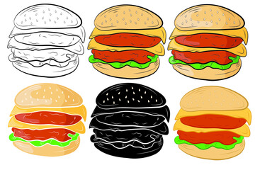 Set of Cartoon realistic burger in isolate on a white background. Vector illustration.