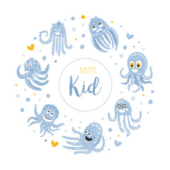 Happy Kid Banner Template with Cute Funny Light Blue Octopus in Circular Shape, Childish Banner, Poster, Background Design Vector Illustration