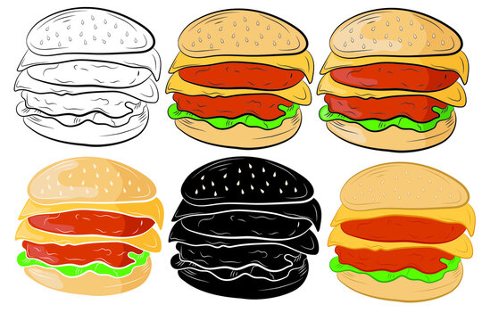 Set of Cartoon realistic burger in isolate on a white background. Vector illustration.