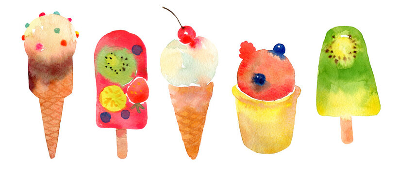 Ice cream watercolor illustration set. Hand drawn popsicles clipart. Isolated on white background. 