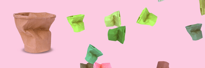 multicolored crumpled paper cups made from ecological materials, .