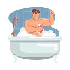 Young Male Bathing in the Bathtub Washing Her Body with Soap and Shower Puff Vector Illustration