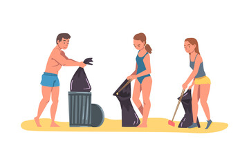 Volunteers Collecting Trash on Beach, Man and Women Cleaning Beach from Garbage, Ecology Protection Concept Cartoon Vector Illustration