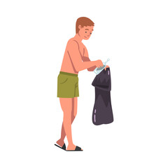 Volunteer Collecting Trash into Bag on Beach, Man in Swimwear Cleaning Beach from Garbage, Ecology Protection Concept Cartoon Vector Illustration