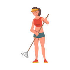 Girl Picking Up Garbage with Rake, Ecology Protection Concept, Woman Cleaning Beach from Garbage Cartoon Vector Illustration