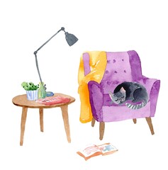 Watercolor illustration with cat sleeping in armchair - 437108362