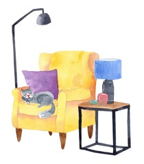 Watercolor illustration with cat sleeping in armchair - 437108523