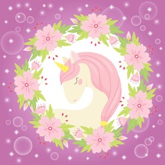 Cute magical unicorn in a flower wreath