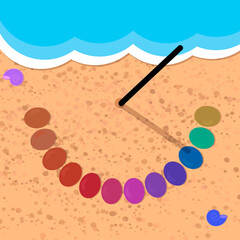 Vector illustration of a simple sundial by the sea. Wand and rainbow stones. Sand and waves. - obrazy, fototapety, plakaty