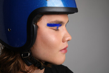 Attractive motor biker in blue helmet mockup set. Isolated.