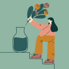 Gardener girls with flower bouquet, concept flowers shop, girls team flat 