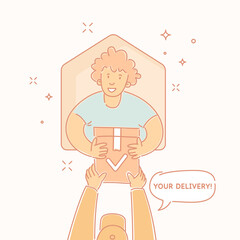 Delivery of goods. The concept illustration shows the moment of receipt of the product and the order confirmation.