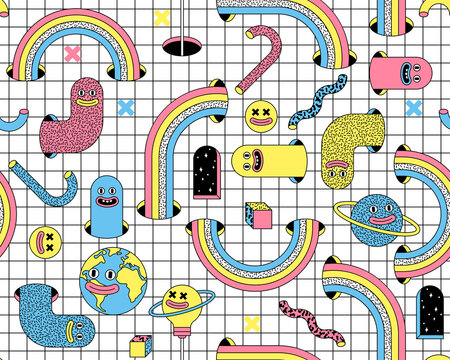 Surreal vector seamless pattern with emoji, rainbow, arch, space in trendy psychedelic weird cartoon style.
