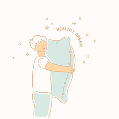 The poster is dedicated to proper sleep, which promotes rest and health of the body. A young man with a pillow.