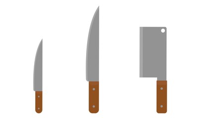 Set of kitchen knives and an axe isolated on a white background.