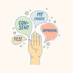An open palm in greeting. A concept illustration with cartoon style speech bubbles. A hand gesture signifying agreement.