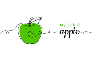 Continuous one line of green apple in silhouette. Linear stylized.Minimalist. Organic fruit concept