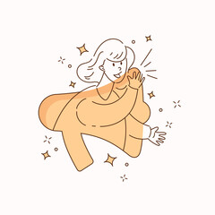 A young girl tells everyone the news. Conceptual vector illustration. A happy woman shares information.