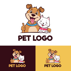 cartoon dog and kitten smiling and hugging logo or character illustration - 437111571