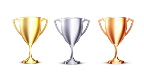 Realistic icon with gold, silver and bronze trophy on white background. Realistic 3d design.