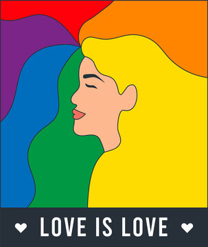 Pride month 2022 logo card with minority flag.Banner Love is love.Rainbow Pride background,LGBT,sexual minorities,gays and lesbians.Designer sign,logo,icon:colorful rainbow in background.Vector	