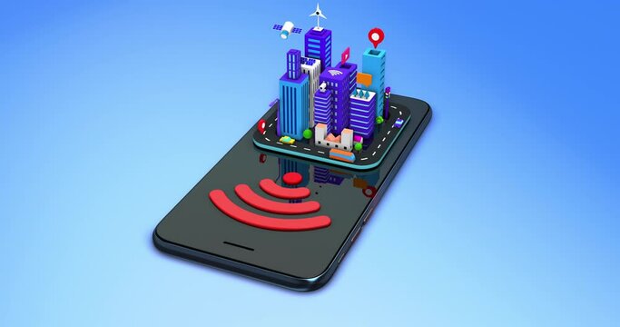 Wireless Smart City. High Speed Network. Skyscrapers On Smart Phone. Loop. Technology Related 3D 4K Motion Graphics.