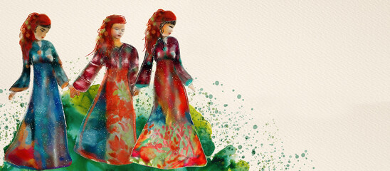 Fototapeta premium Folk girls. Watercolor design element