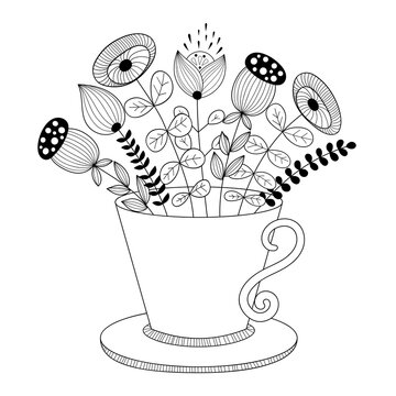 Vector Colouring Page with Cup full of Flowers