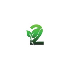 Number 2 with green leafs icon logo design template illustration