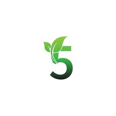 Number 5 with green leafs icon logo design template illustration