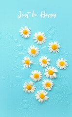 Just be Happy. Chamomile flowers and water drops on blue background. Daisy pattern. spring and summer blossom season. modern minimal style. flat lay