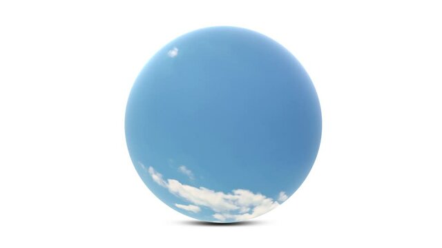  Rolling 3d glass sphere with sunny sky clouds time lapse animation background isolated on white with copy space. 