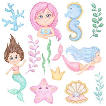 Watercolor cute little mermaid clip art
